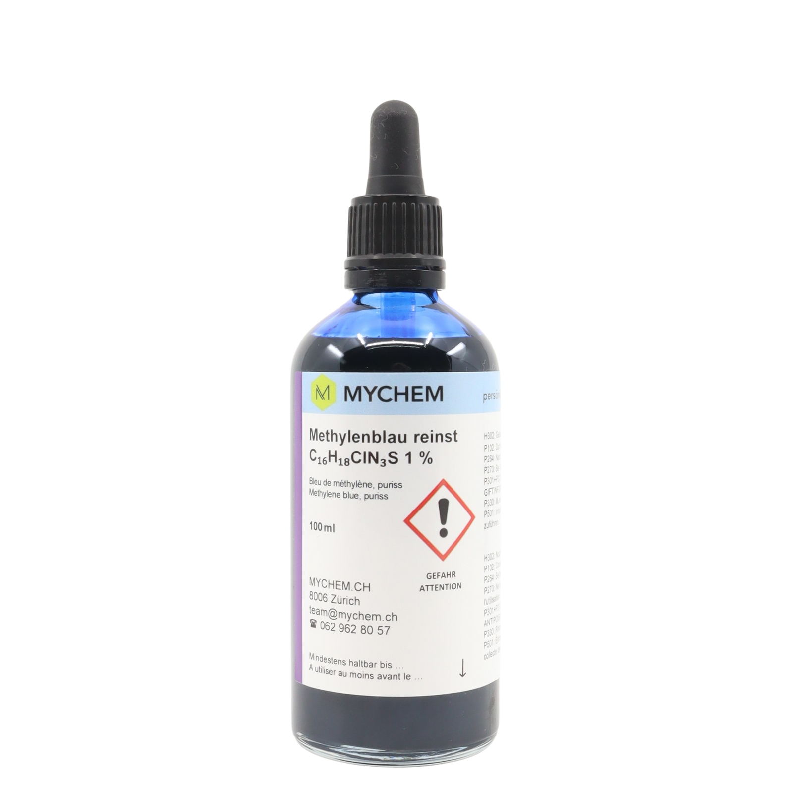 Methylene blue 1% puriss 100ml in clear glass bottle with pipette insert
