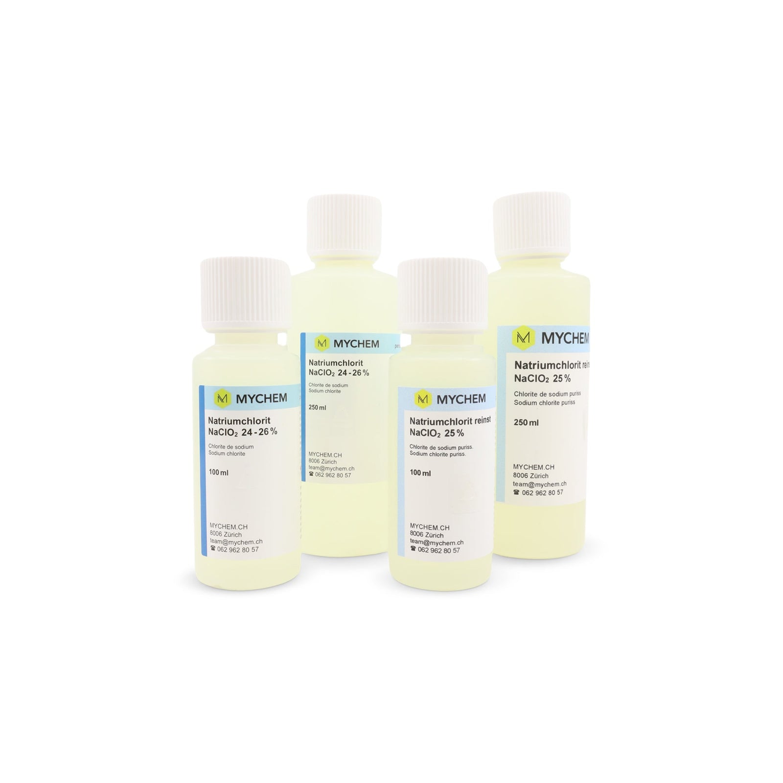 Sodium chlorite 24–26%, 25% NaClO2 in HDPE bottles