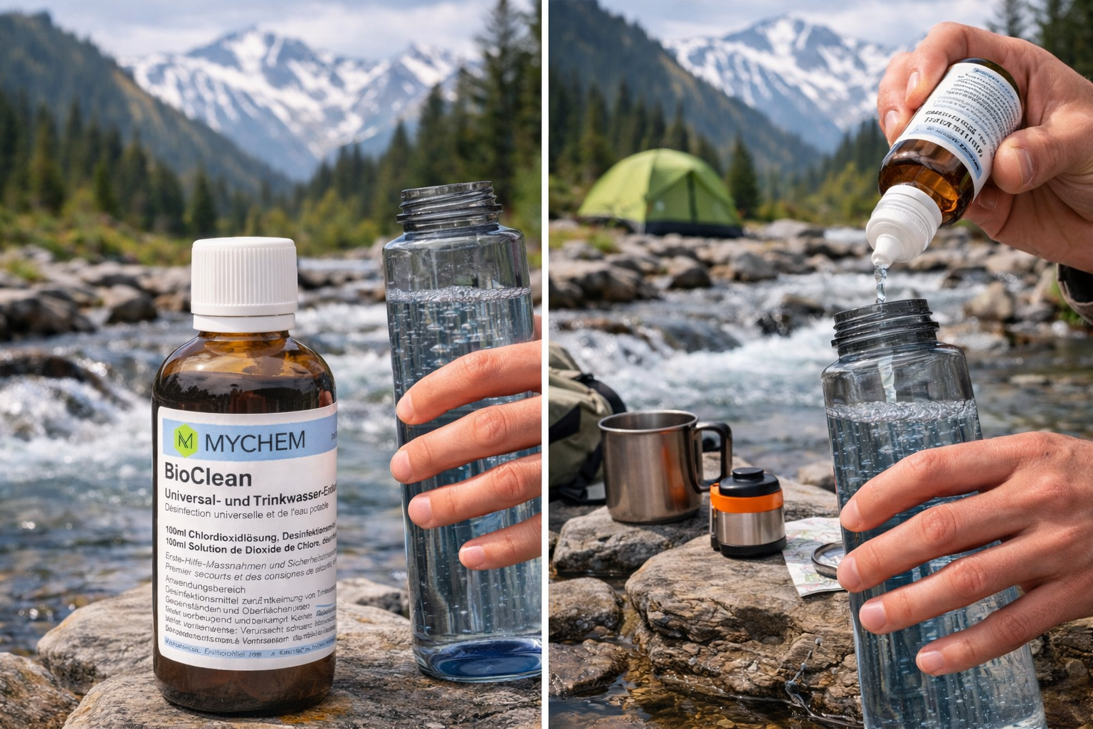 Trinkwasser aus Bergbach beim Camping aufbereiten mit Outdoor-Ausrüstung in alpiner Landschaft