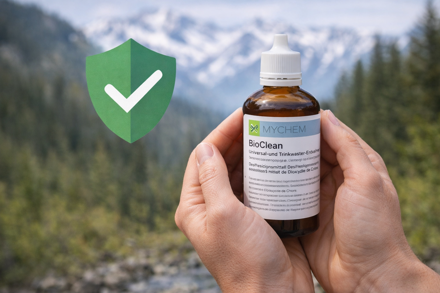 BioClean Flasche in Händen mit Naturhintergrund