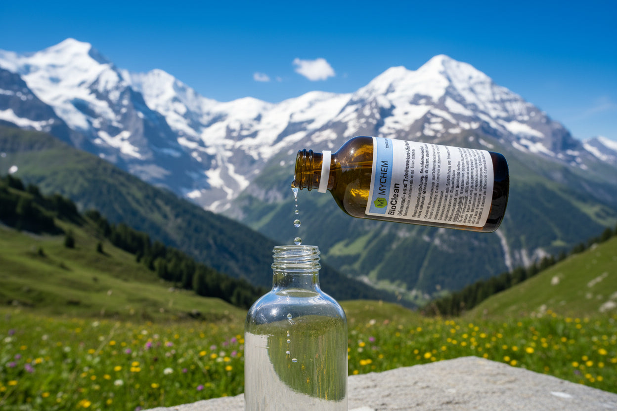 BioClean_ tropft in Glasflasche