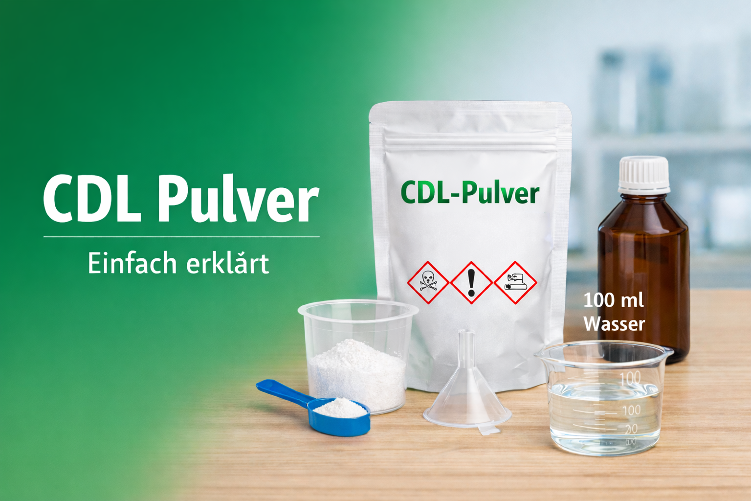 CDL Pulver mit Becher und Braunglasflasche