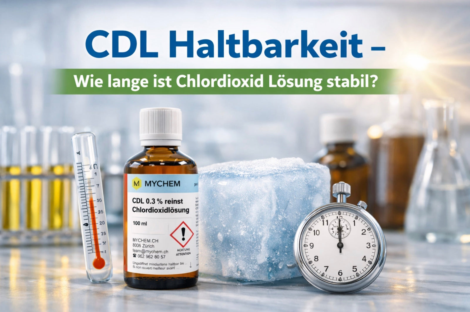 MYCHEM CDL 0,3 % Chlordioxid-Lösung in brauner Glasflasche im Labor mit Thermometer und Eis – Darstellung zur Haltbarkeit und Lagerung von CDL 3000 ppm.
