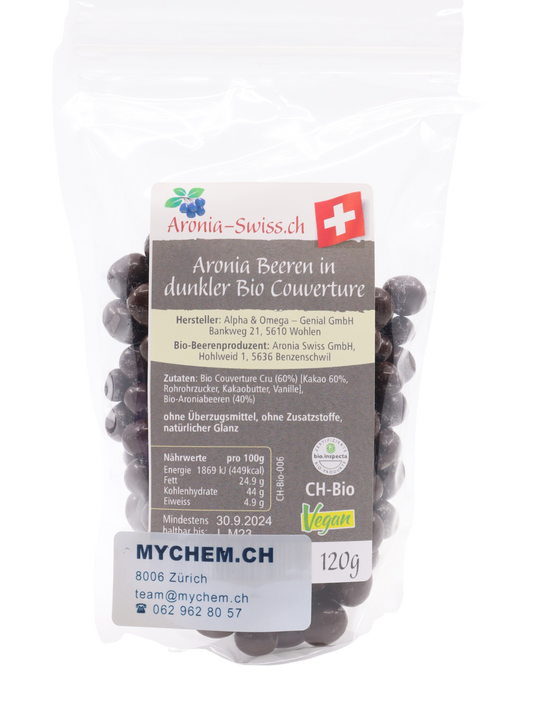 Aroniabeeren in dunkler Couverture, vegan, Bio Schweiz (OPC)