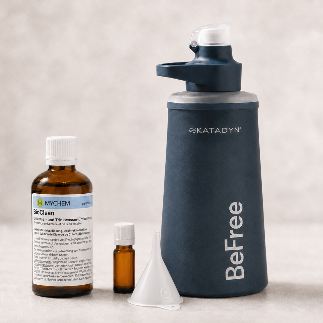 MYCHEM Outdoor Wasser-Set mit BeFree-Flasche, BioClean und Aktivkohlefilter