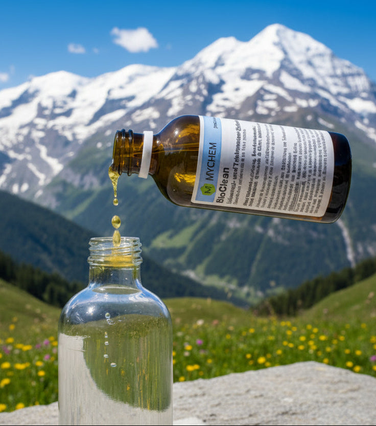 BioClean tropft in Flasche mit Hintergrund von Bergen