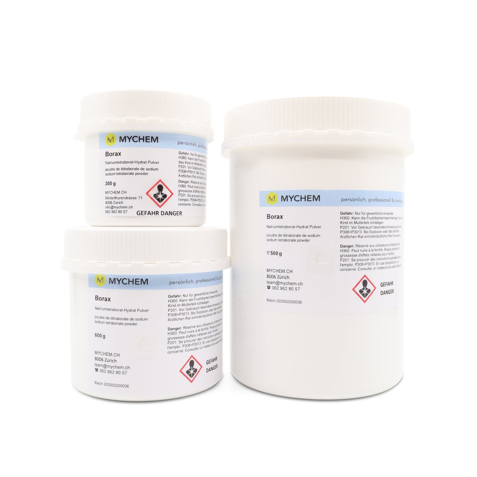 Borax technisch Na₂B₄O₇*10H₂O Gruppenfoto mit verschiedenen Gebindegrössen