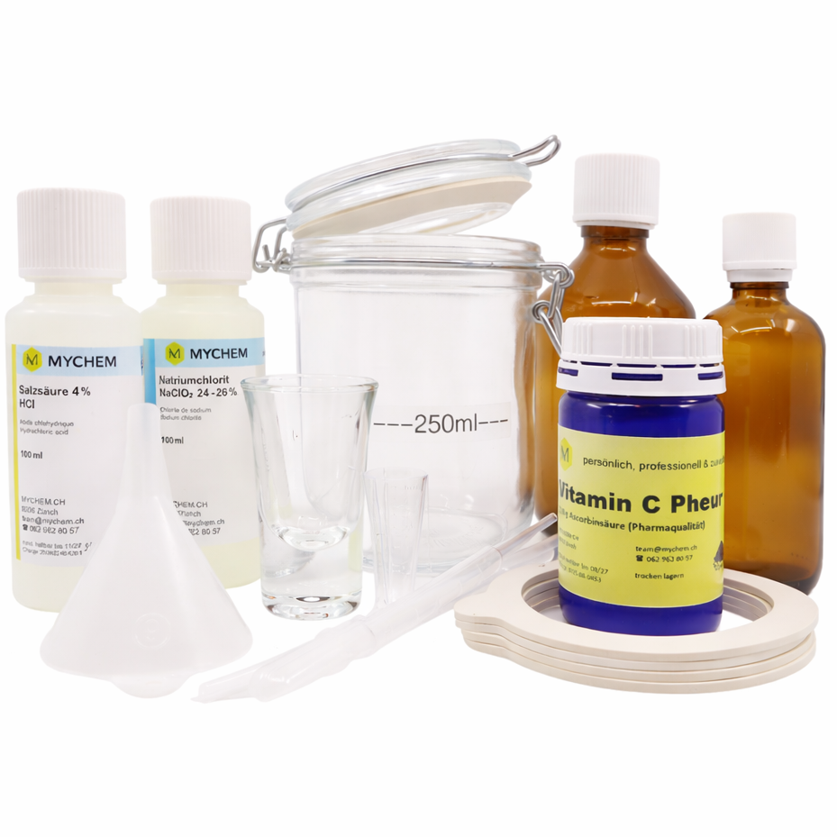 CDL-Gurkenglasmethode Set mit Salzsäure 4% technisch und Natriumchlorit 24-26% technisch in HDPE Flaschen mit Echtheitsverschluss, Bügelglas, Schnapsglas, HDPE Trichter, Messbecher 5ml, Pasteurpipette à 3 ml, Braunglasflasche mit Tropfeinsatz 100ml, Braunglasflasche mit Schraub- und Echtsheitsverschluss, Vitamin C pheur 100g und 4 Ersatzgummiringen