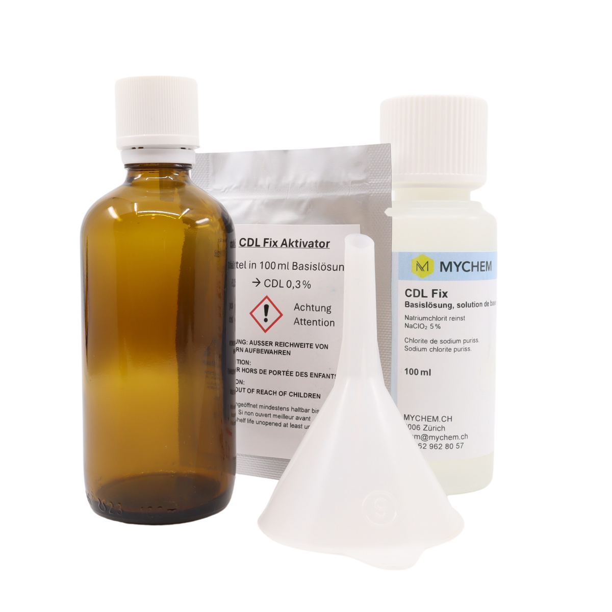 CDL Fix Aktivatorpulver im Beutel und Basislösung in HDPE Flasche mit Zubehör, einer 100ml Braunglasflasche mit Tropfeinsatz und einem HDPE Trichter