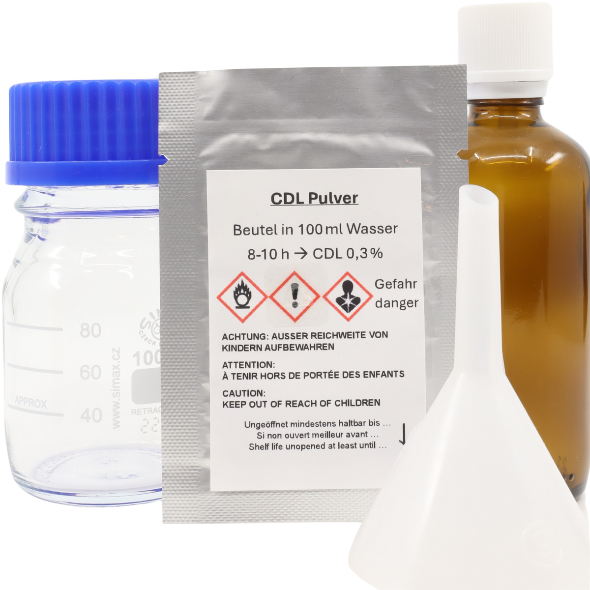 CDL Pulver 1x mit Zubehör einer Laborflasche, einer 100ml Braunglasflasche mit Tropfeinsatz und einem HDPE Trichter