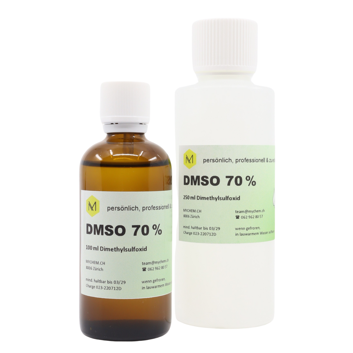 DMSO 70% technisch in dreifach gefiltertem Wasser 100ml in Braunglas Flasche mit Tropfeinsatz und DMSO 70% technisch 250ml in HDPE Flasche mit Schraub- und Echtheitsverschluss
