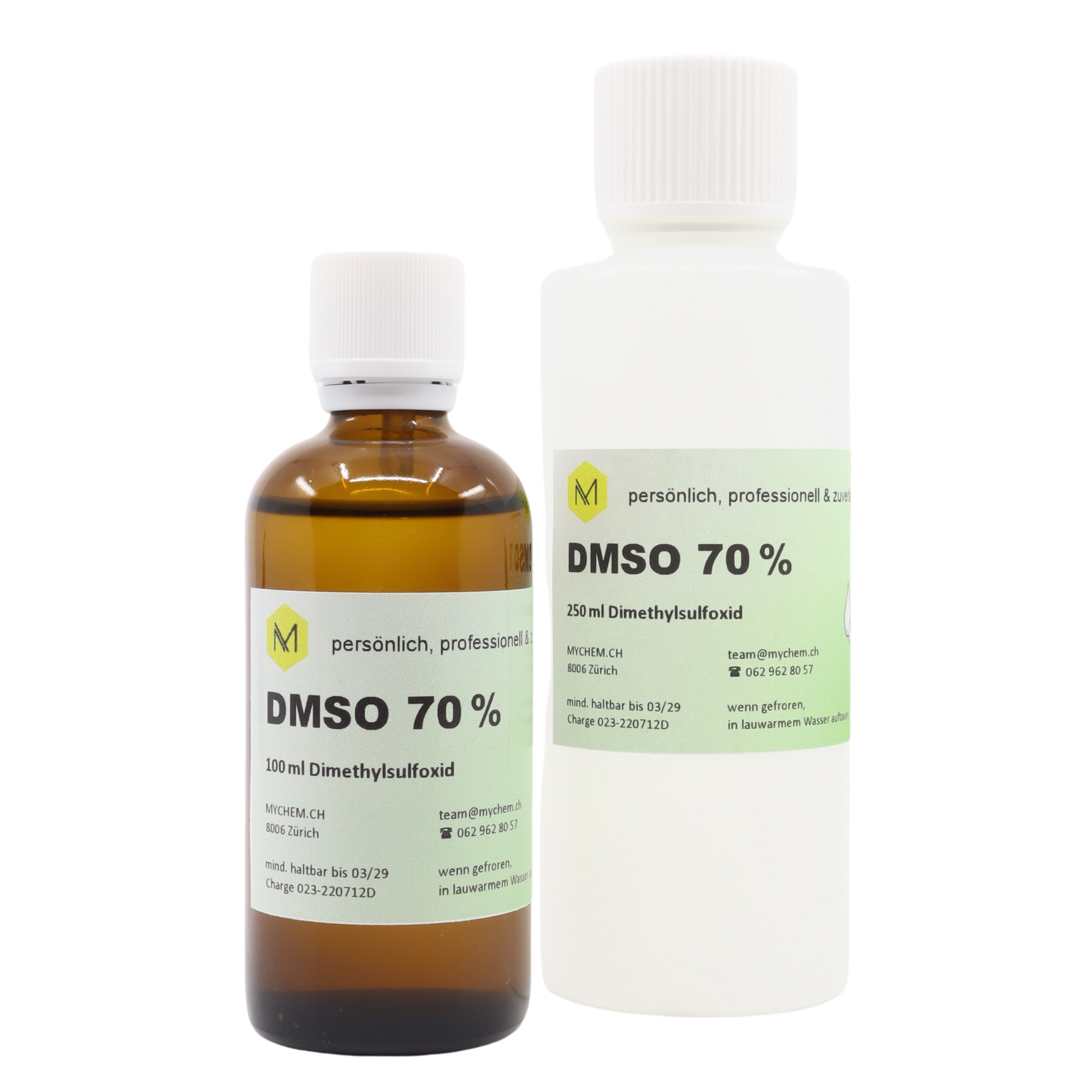 DMSO 70% technisch in dreifach gefiltertem Wasser 100ml in Braunglas Flasche mit Tropfeinsatz und DMSO 70% technisch 250ml in HDPE Flasche mit Schraub- und Echtheitsverschluss