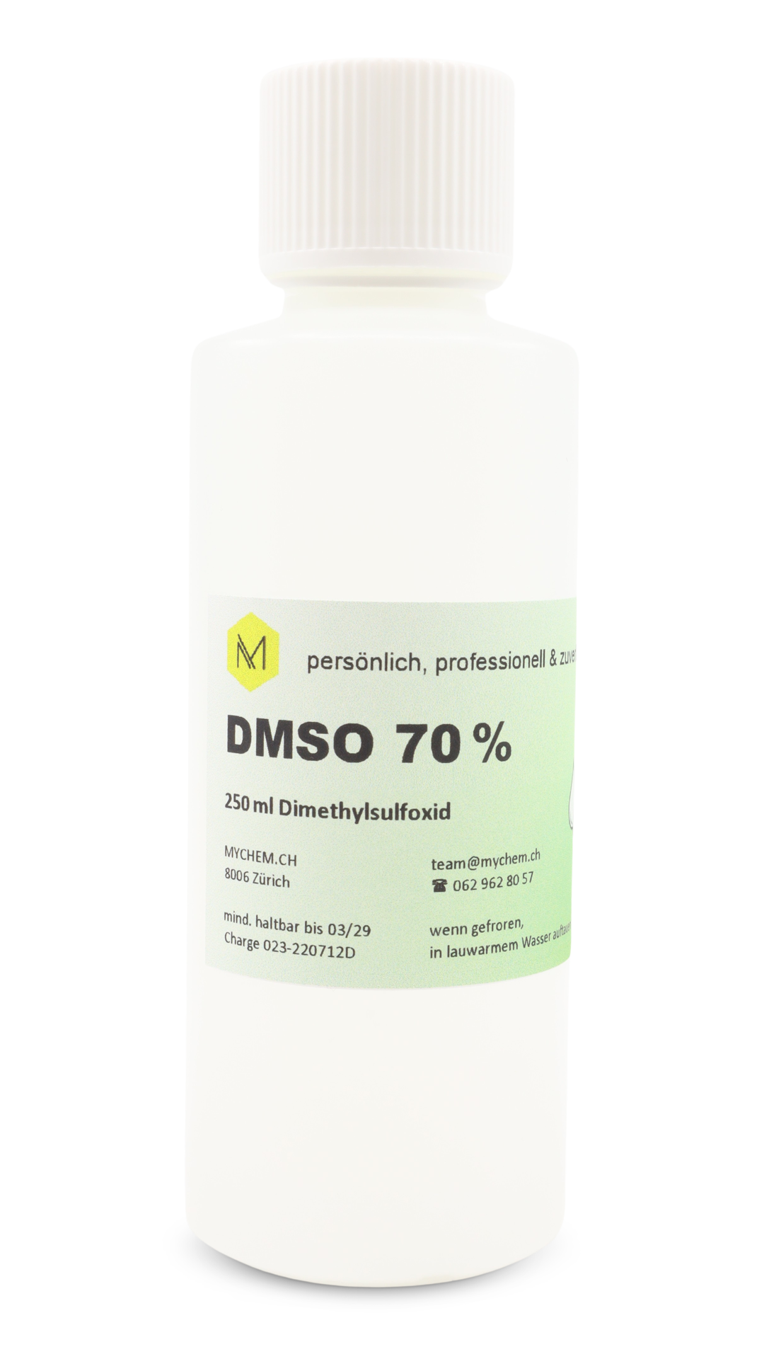 DMSO 70% technisch 250ml in  in dreifach gefiltertem Wasser in HDPE Flasche mit Schraub- und Echtheitsverschluss