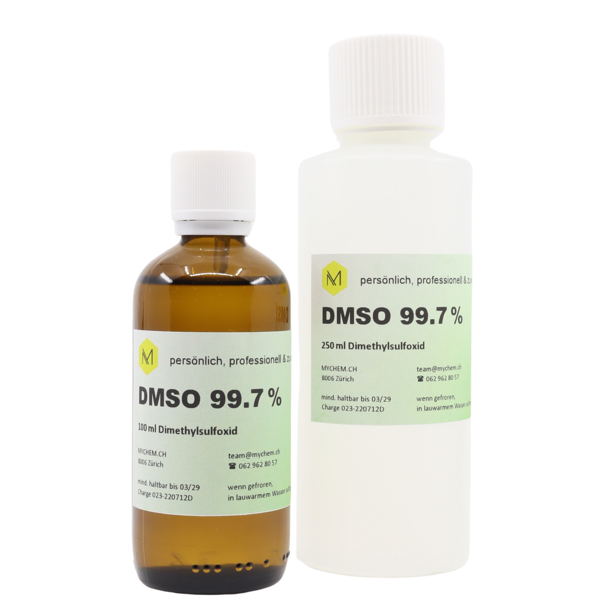 DMSO 99,7% technisch in dreifach gefiltertem Wasser 100ml in Braunglas Flasche mit Tropfeinsatz und DMSO 99,7% technisch 250ml in HDPE Flasche mit Schraub- und Echtheitsverschluss