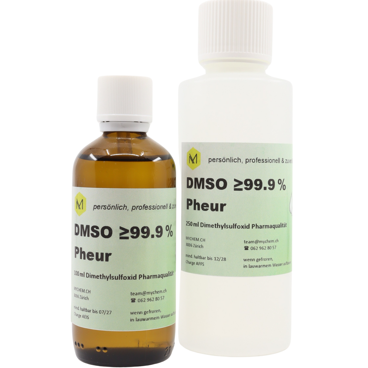 DMSO 99,9% pheur in dreifach gefiltertem Wasser 100ml in Braunglas Flasche mit Tropfeinsatz und DMSO 99,9% pheur 250ml in HDPE Flasche mit Schraub- und Echtheitsverschluss