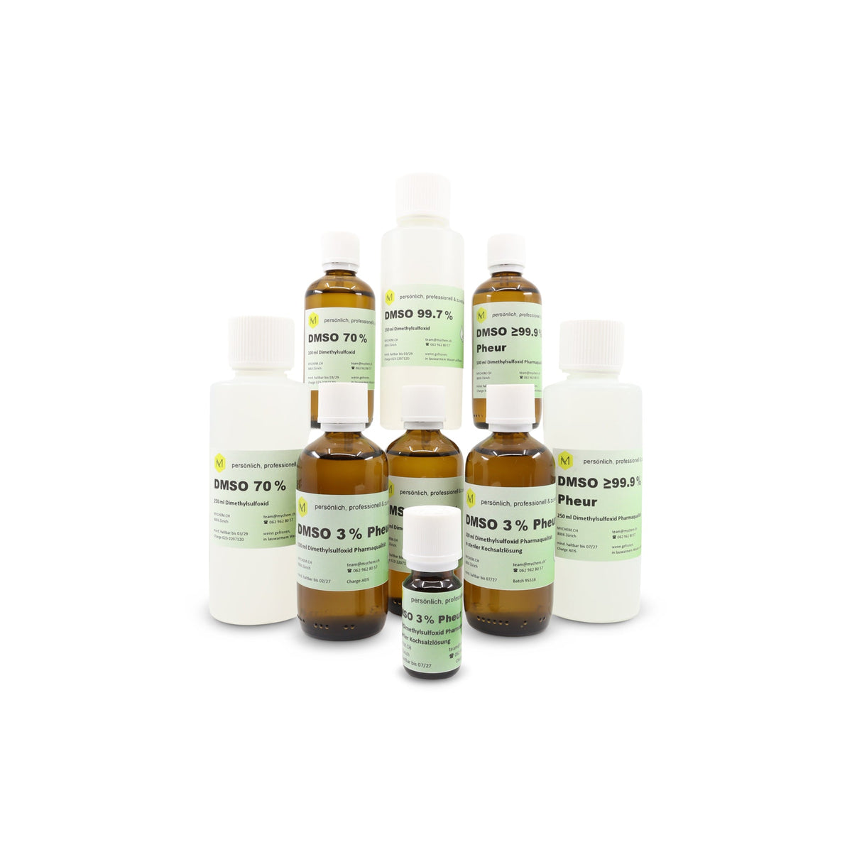DMSO Gruppenfoto in verschiedenen Konzentrationen und Gebinde Grössen