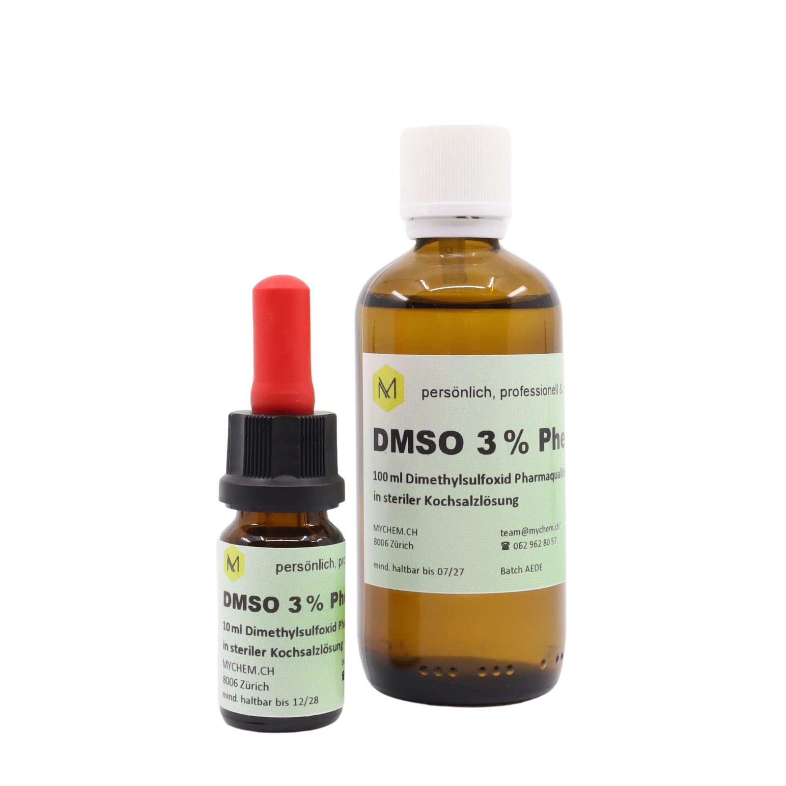 DMSO in isotonischer Kochsalzl. 3% (C₂H₆OS) Braunglasflasche mit Pipettenaufsatz 10ml und Braunglasflasche mit Tropfeinsatz, Kindersicherung und Echtheitsverschluss 100ml
