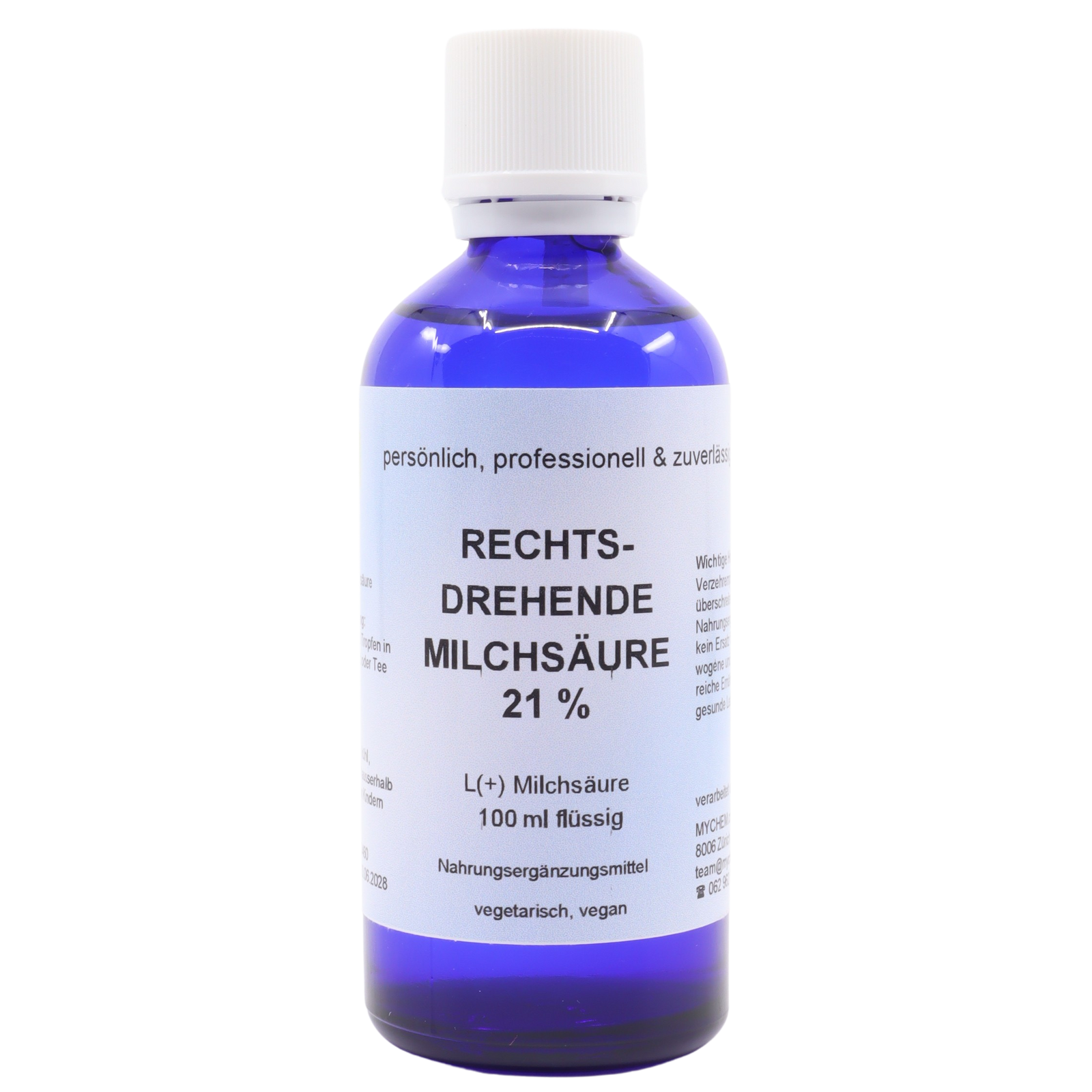 Rechtsdrehende Milchsäure 21% ind Blauglasflasche mit Tropfeinsatz