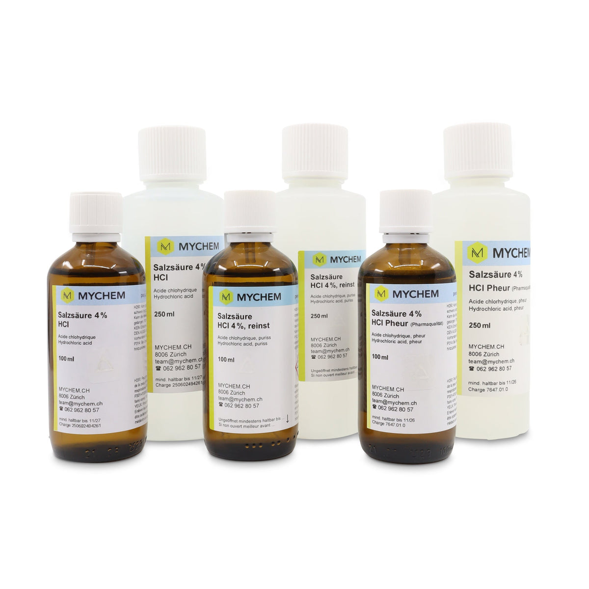 Salzsäure (HCl) Gruppenfoto mit verschiedenen Gebinden und Gebindegrössen