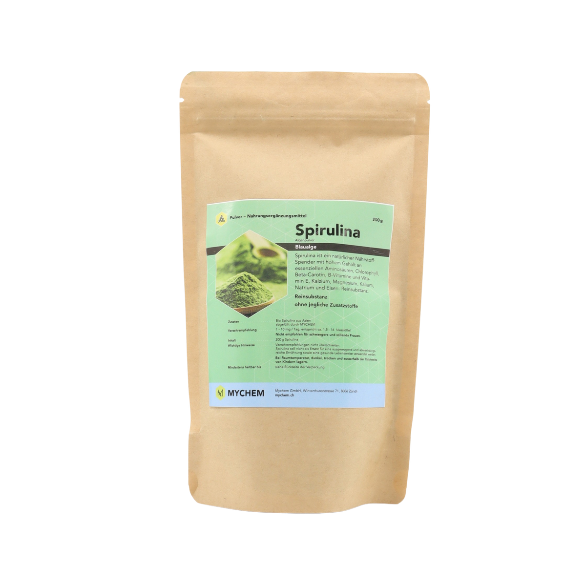 Spirulina Pulver im Papierbeutel