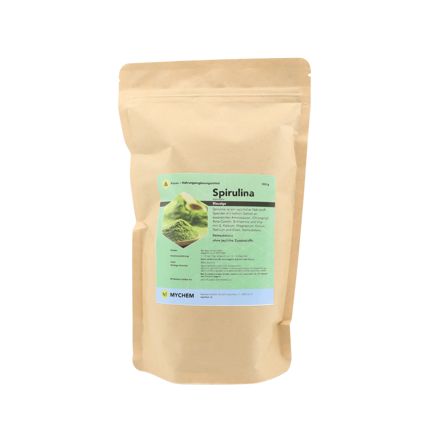 Spirulina Pulver im Papierbeutel