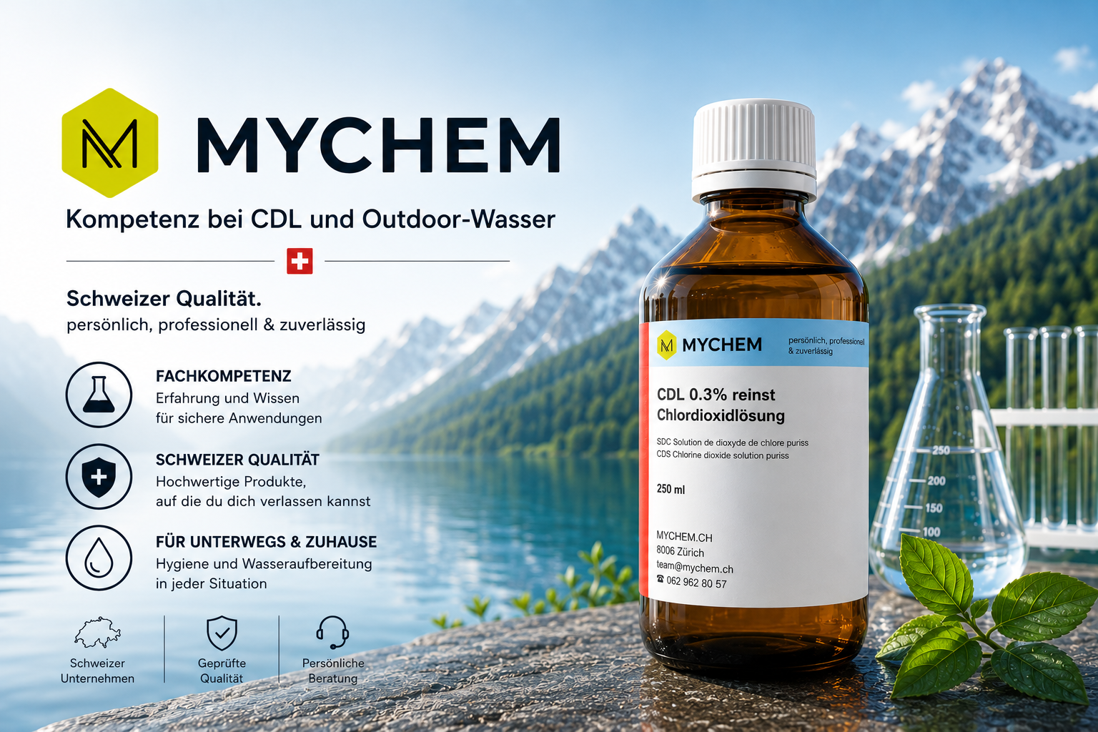 MYCHEM Hauptbild mit CDL-Flasche und Bergwelt-Hintergrund