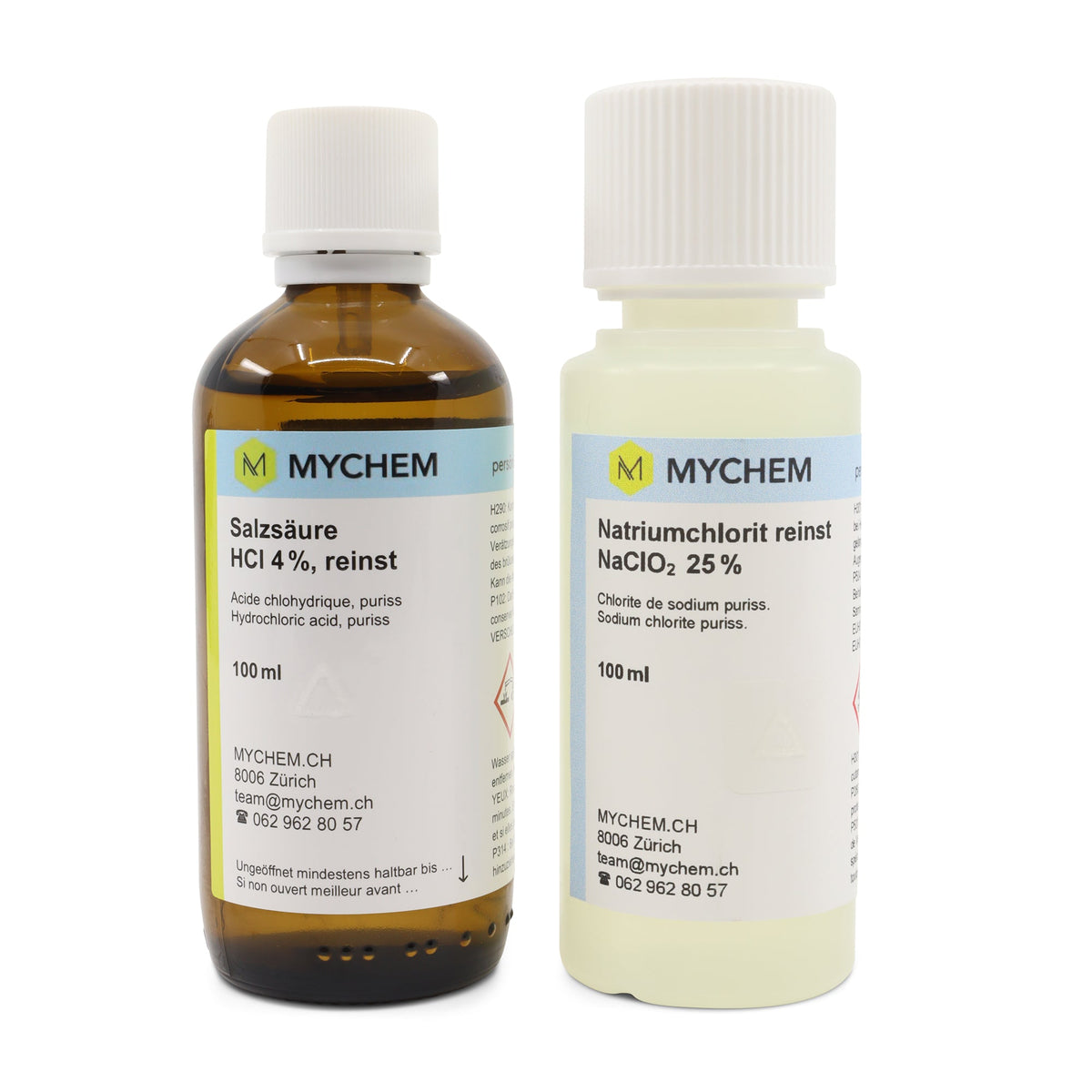 Zweikomponenten-Set reinst 100ml, Salzsäure 4% in Braunglasflasche und Natriumchlorit 25% in HDPE Flasche