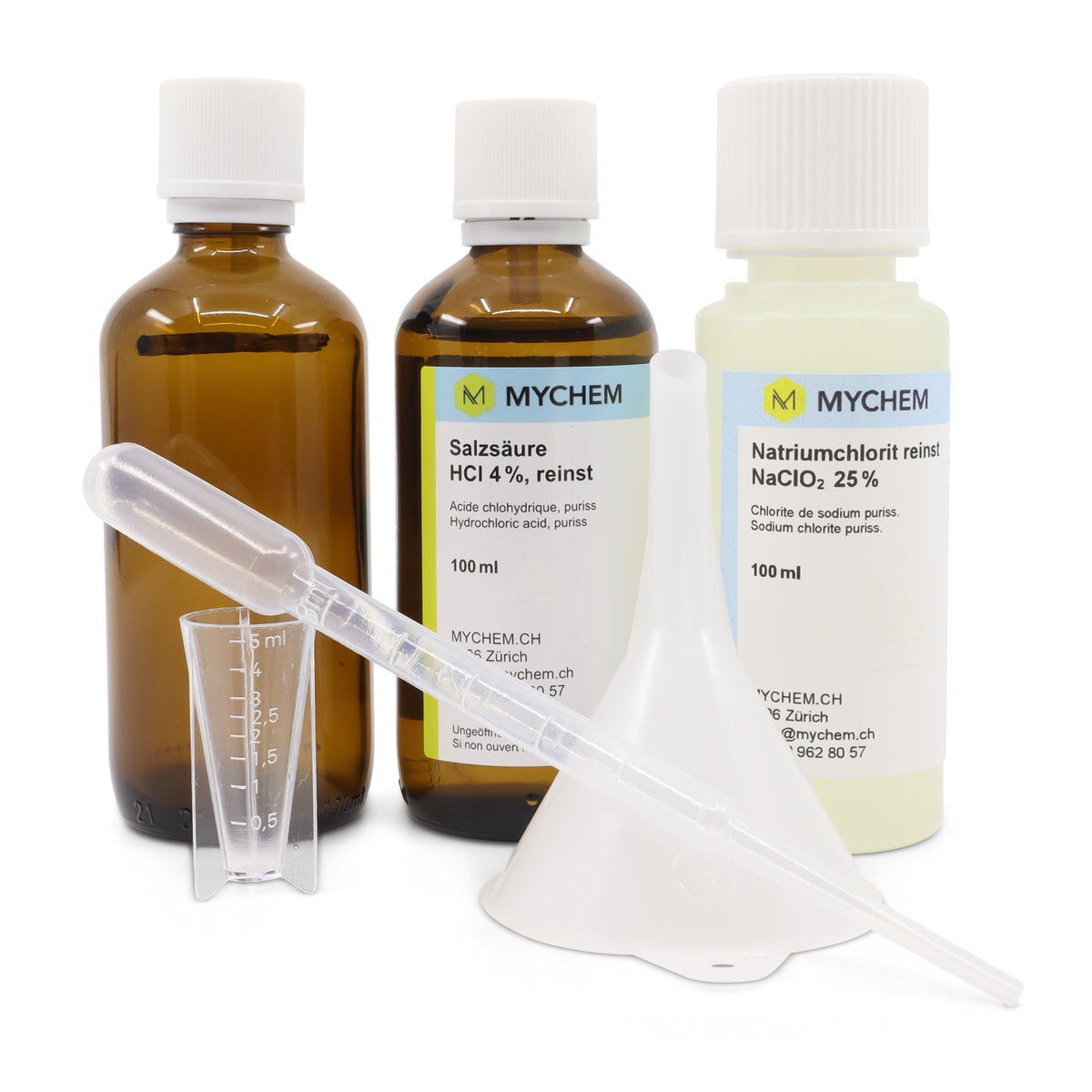 Zweikomponenten-Set reinst 100ml mit Zubehör, Salzsäure 4% in Braunglasflasche, Natriumchlorit 25% in HDPE Flasche, HDPE Tricher, Pasteur Pipette und Messbecher 5ml