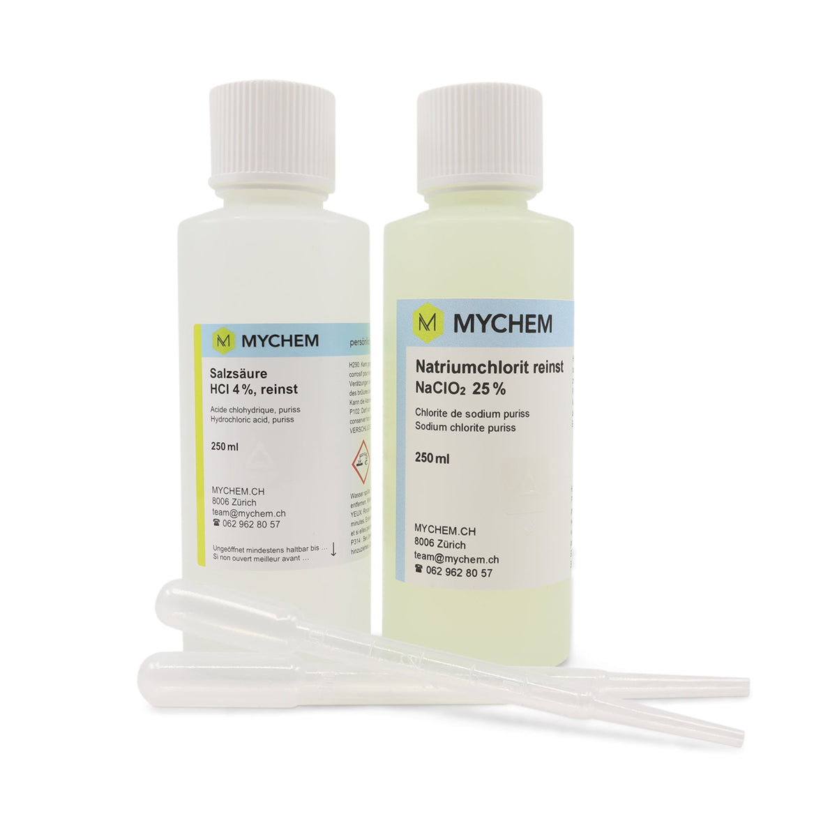 Zweikomponenten-Set reinst 250ml, Salzsäure 4% in HDPE Flasche und Natriumchlorit 25% in HDPE Flasche mit Pasteur Pipette