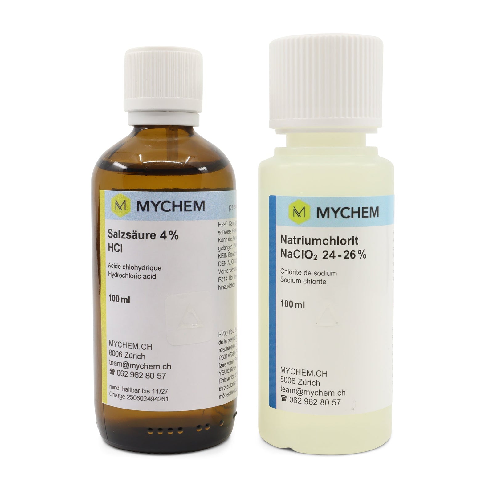 Zweikomponenten-Set technisch 100ml, Salzsäure 4% in Braunglasflasche und Natriumchlorit 24-26% in HDPE Flasche