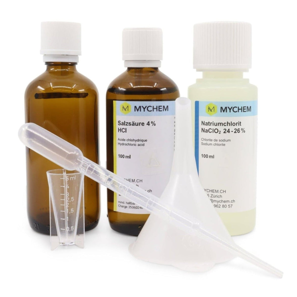 Zweikomponenten-Set technisch 100ml mit Zubehör, Salzsäure 4% in Braunglasflasche, Natriumchlorit 24-26% in HDPE Flasche, HDPE Tricher, Pasteur Pipette und Messbecher 5ml