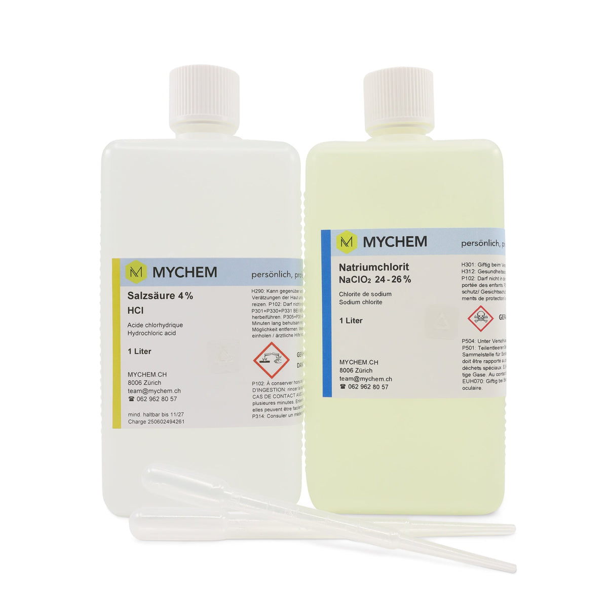 Zweikomponenten-Set technisch 250ml, Salzsäure 4% in HDPE Flasche und Natriumchlorit 24-26% in HDPE Flasche mit Pasteur Pipette
