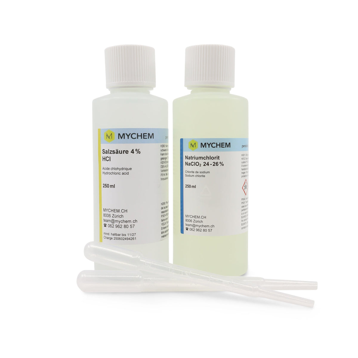 Zweikomponenten-Set technisch 250ml, Salzsäure 4% in HDPE Flasche und Natriumchlorit 24-26% in HDPE Flasche mit Pasteur Pipette