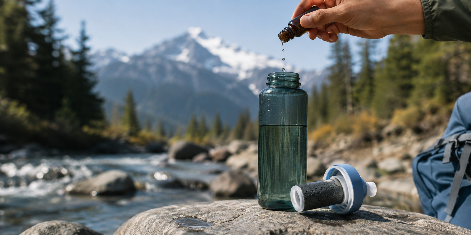 BioClean Tropfen werden in eine blaue Flasche zur Wasseraufbereitung unterwegs gegeben