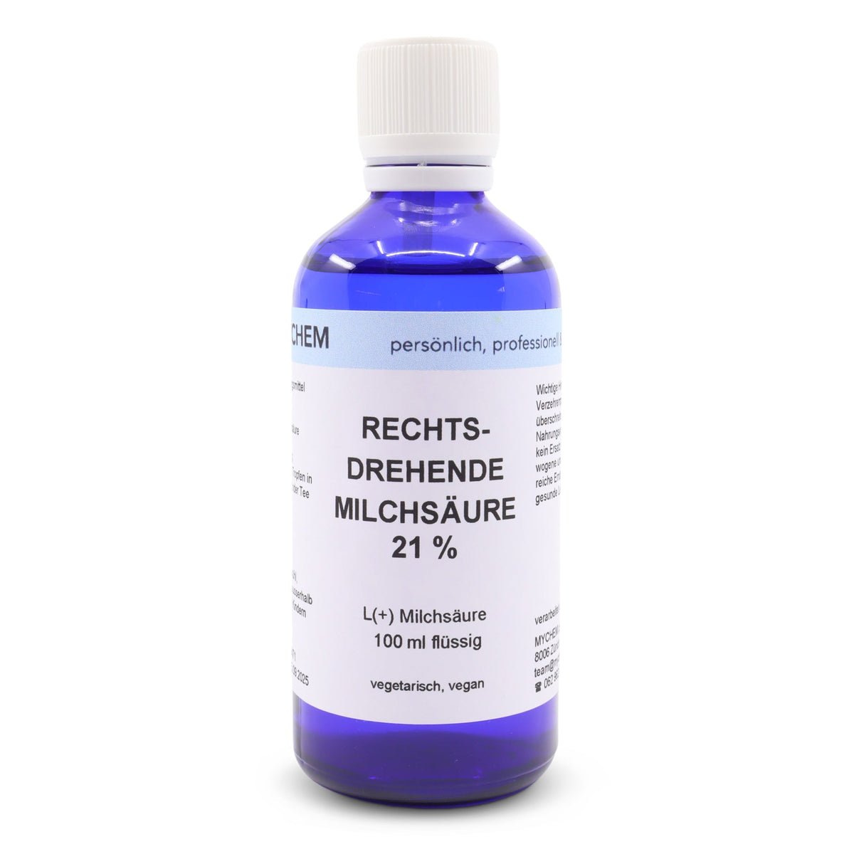 Rechtsdrehende Milchsäure 21% ind Blauglasflasche mit Tropfeinsatz