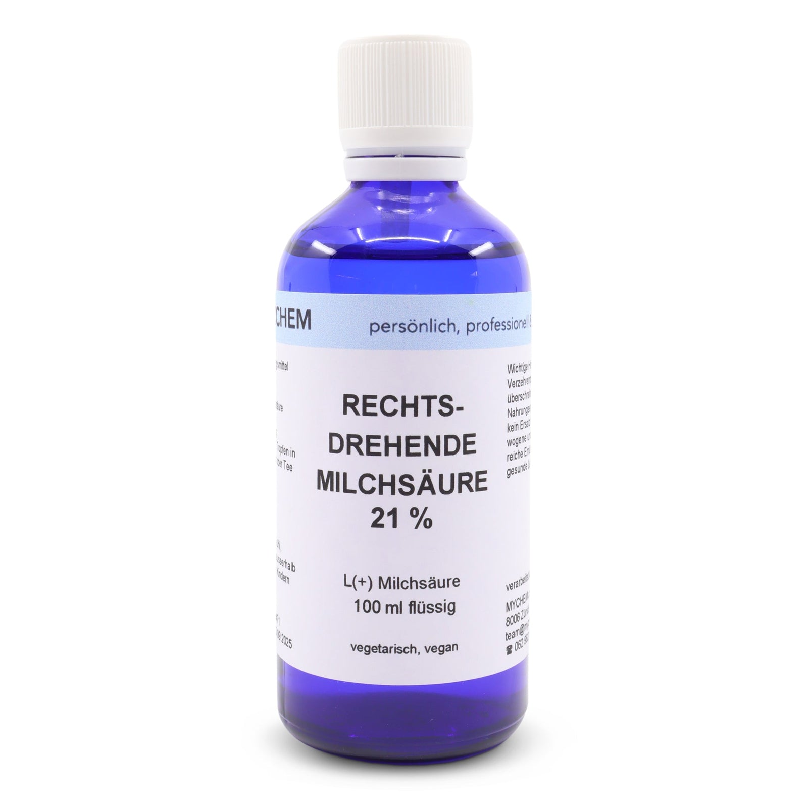 Rechtsdrehende Milchsäure 21% ind Blauglasflasche mit Tropfeinsatz